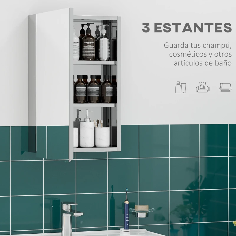 kleankin Armario de Baño con Espejo Armario de Pared con 3 Estantes de Almacenamiento para Ducha Aseo 39x12x60 cm Plata
