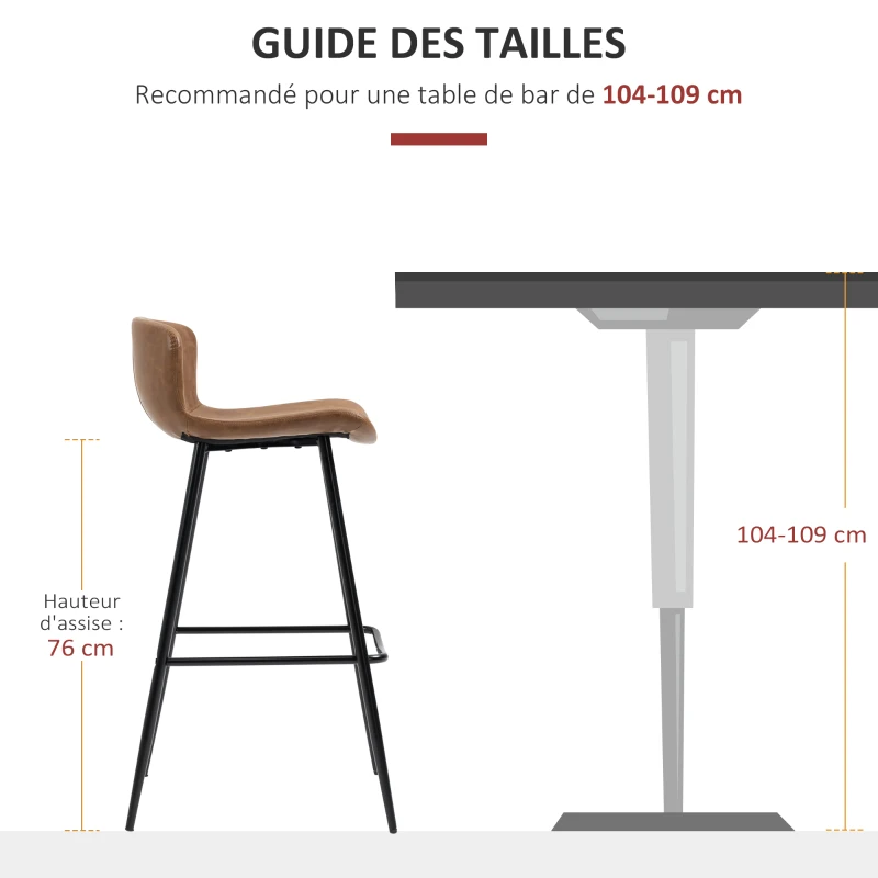 HOMCOM Lot de 2 tabourets de bar assise en similicuir hauteur 76 cm avec repose-pieds en acier et dossier design vintage marron
