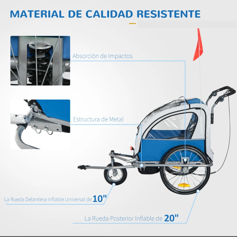 HOMCOM Remolque Infantil para Bicicleta 2 PLAZAS Rueda Giratoria 360° y Amortiguadores CON BARRA COLOR Azul