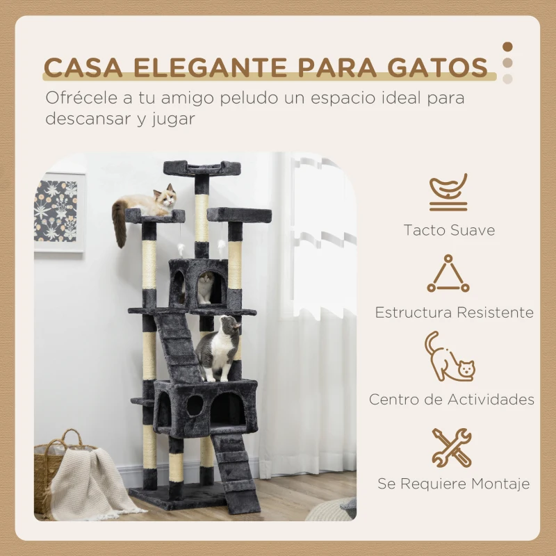 PawHut Árbol para Gatos Torre para Gatos con Nidos Escaleras Juguetes Colgantes y Postes de Sisal 49x49x173 cm Gris Oscuro