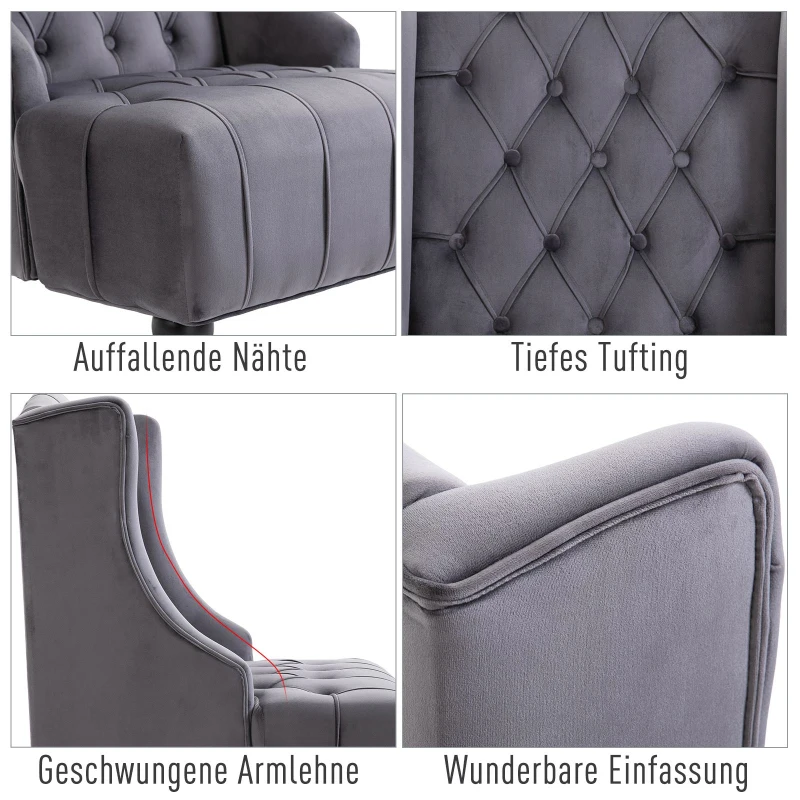 HOMCOM Einzelsessel Ohrensessel Relaxsessel mit Tufting erhöhte Beine Samtstoff Grau 67 x 70,5 x 97 cm