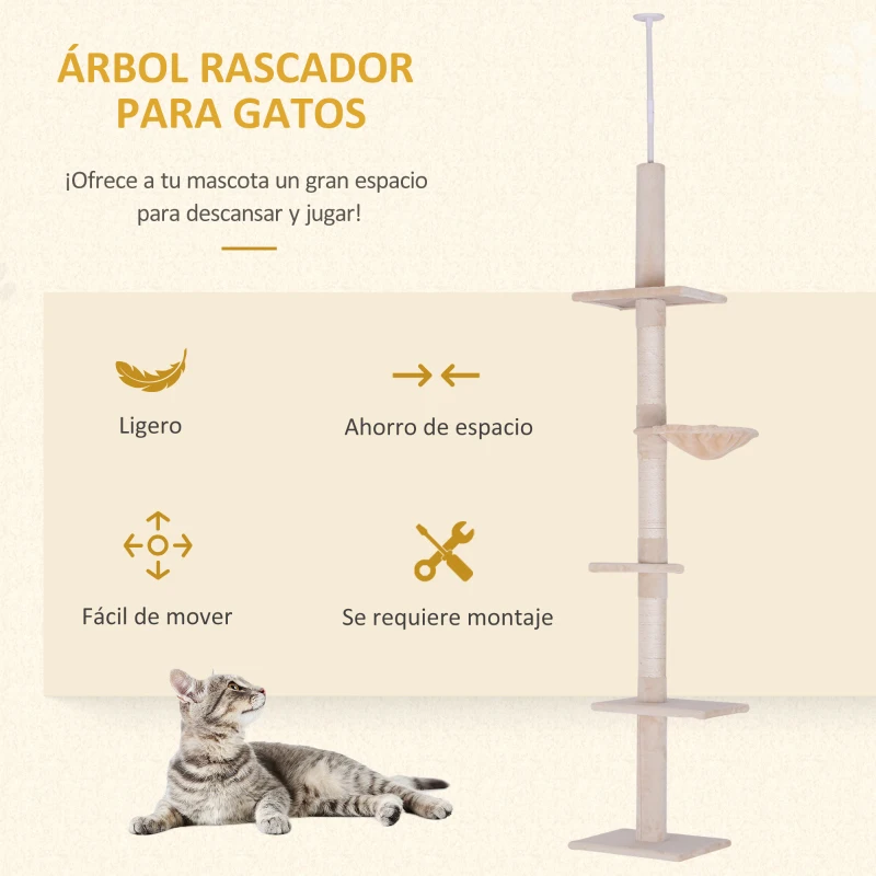 PawHut Árbol para Gatos de Suelo a Techo de 230-260 cm con Altura Ajustable Plataformas Hamaca y Postes de Sisal Beige