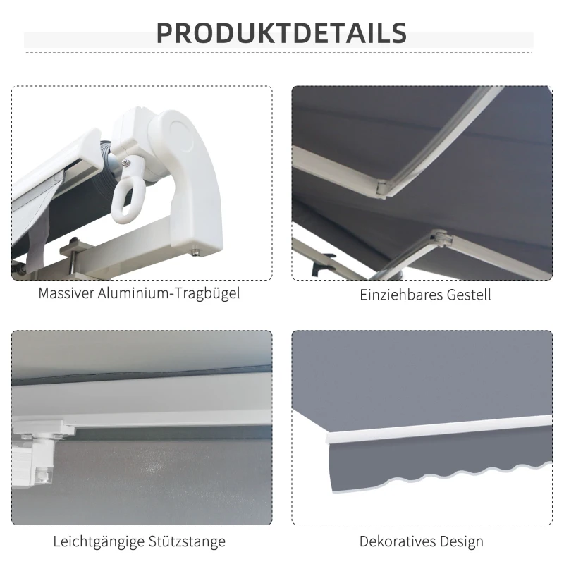 Outsunny Gelenkarmmarkise Verstellbare Klemmmarkise Terrassenmarkise 3,95 x 3m Sonnenschutz mit Kurbel, Balkonmarkise, Grau