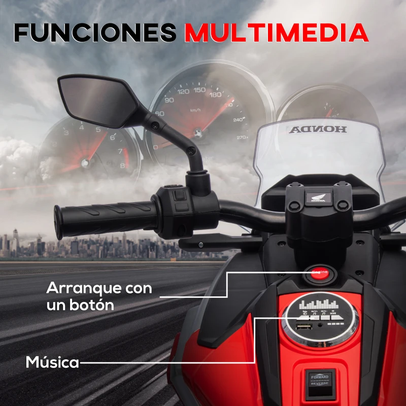 AIYAPLAY Moto Eléctrica para Niños de +3 Años con Licencia Honda con USB MP3 Luz LED y Velocidad 3 km/h Carga 30 kg Rojo