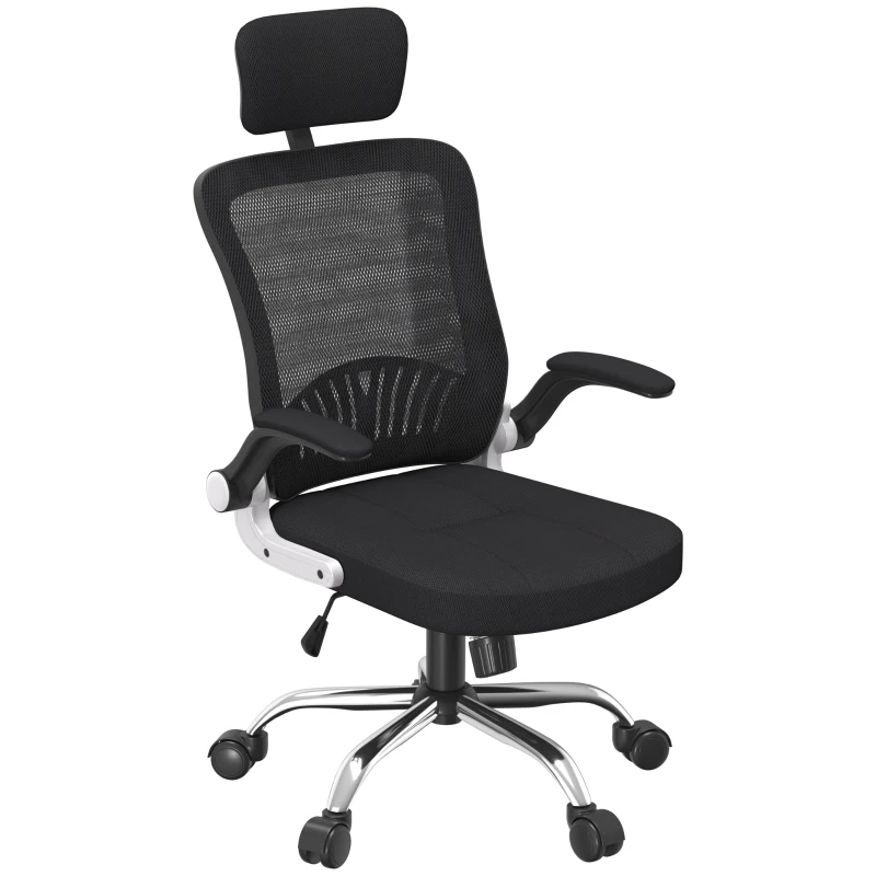 HOMCOM Sedia da Ufficio con Poggiatesta e Altezza Regolabili, Tessuto a Rete e Braccioli Ribaltabili, Nero