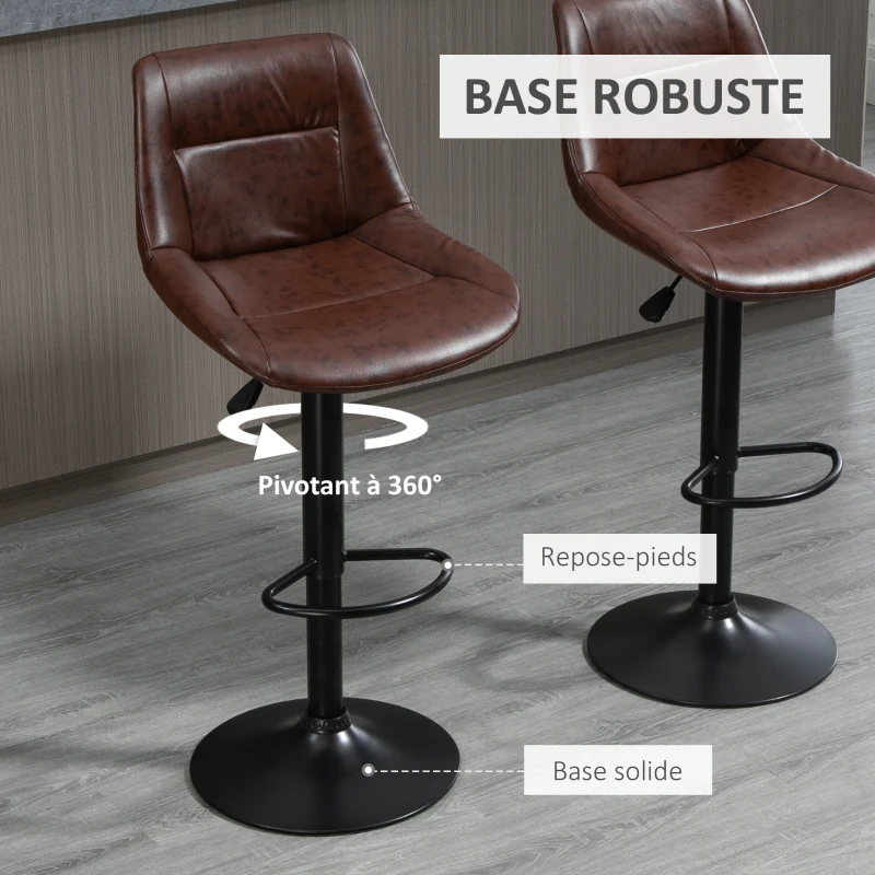 HOMCOM Lot de 2 tabourets de Bar Vintage réglable pivotant avec Repose-Pied revêtement synthétique Marron Effet Vieilli
