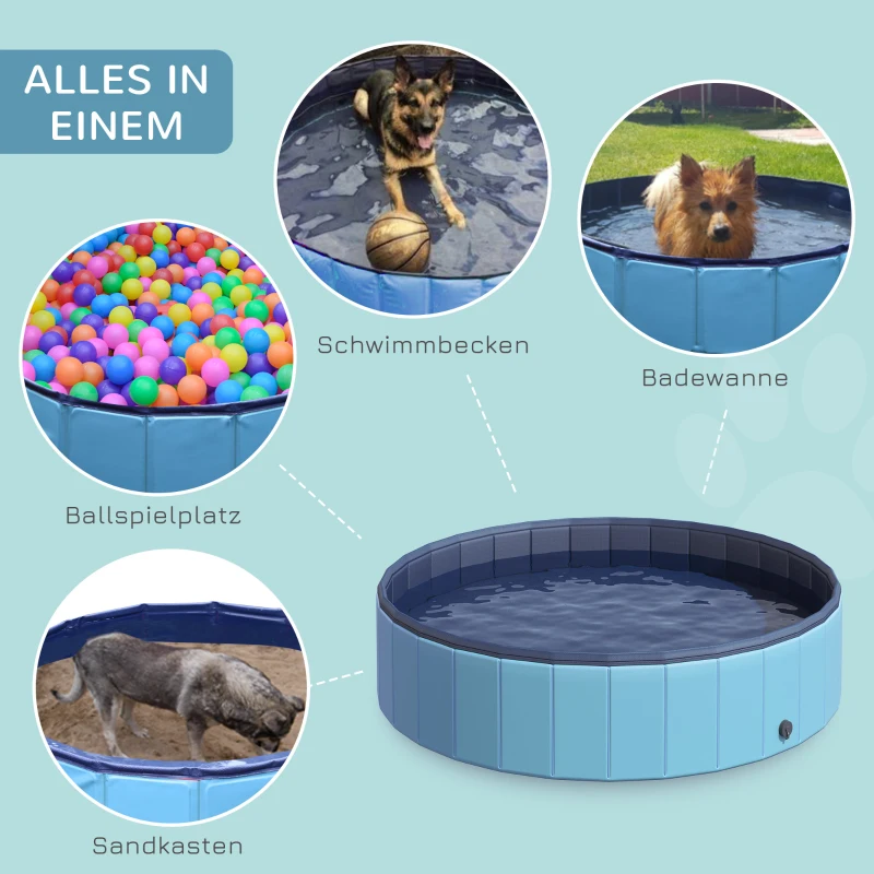 PawHut Hundebadewanne faltbar Badewanne Hundepool Plantschbecken Swimmingpool Wasserbecken für Hunde und Katzen Schwimmbecken Kunststoff+Holz Blau Ø140 x H30 cm