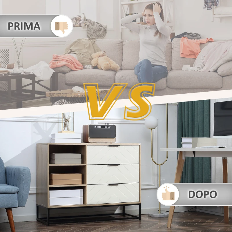 HOMCOM Credenza Moderna a Base Rialzata con 3 Cassetti e 3 Ripiani Aperti in MDF, Truciolato e Acciaio, 100x40x79.5 cm