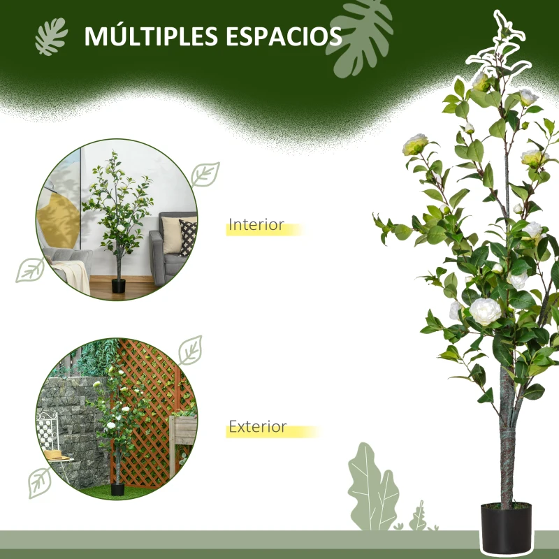 HOMCOM Árbol de Camelia Artificial 150 cm con Maceta de Cemento Hojas Realistas y Flores de Tela Planta Sintética Decoración para Hogar Oficina Interior Verde