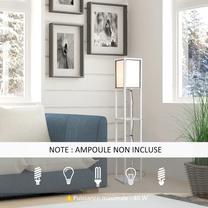 HOMCOM Lampadaire étagère 26L x 26l x 160H cm 3 étagères 4 Niveaux MDF Blanc