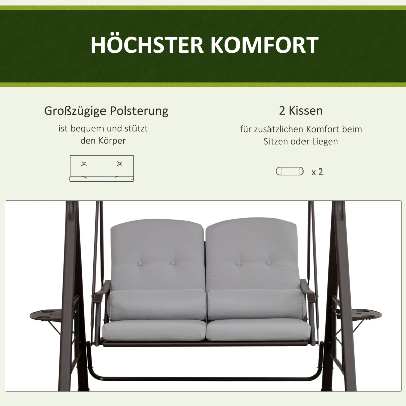 Outsunny 2-Sitzer Hollywoodschaukel Gartenschaukel mit Sonnendach Kissen Tablett Metall Polyester Grau 162 x 118 x 173 cm