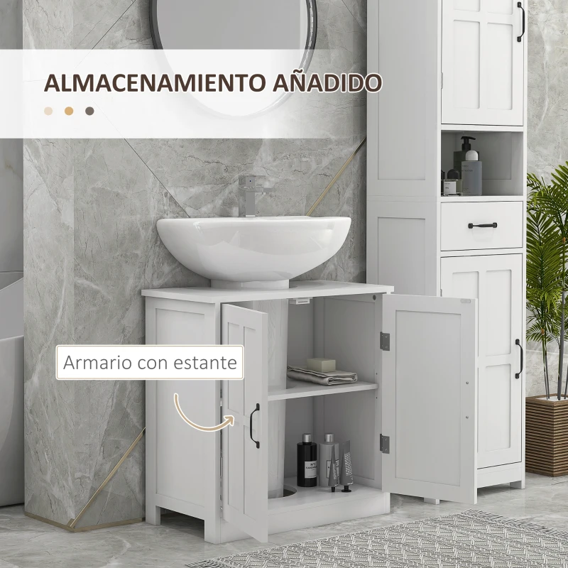 kleankin Armario de Baño Bajo Lavabo con Puerta Doble y Estante Ajustable Carga 20 kg 60x30x60 cm Blanco