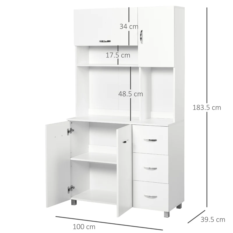 HOMCOM Kitchen Cupboard, 183cm Tall Storage Cabinet with Countertop, Sideboard with 3 Small Drawers, Flip Up Top Door, 3 Cabinet Doors and Open Shelves, 100W x 39.5D x 183.5H cm, White