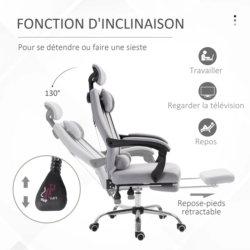 HOMCOM Fauteuil de bureau manager grand confort repose-pied tétière + coussin lombaires intégrés dossier inclinable revêtement tissu micro perforé gris noir