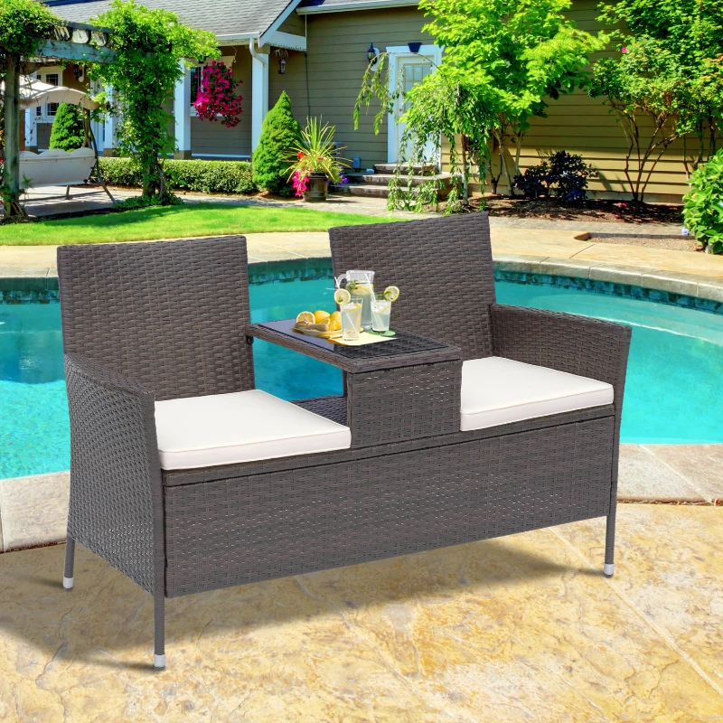 Outsunny Divano da Giardino a 2 Posti con Tavolino con Cuscini Poly Rattan 63 × 133 × 84cm Marrone