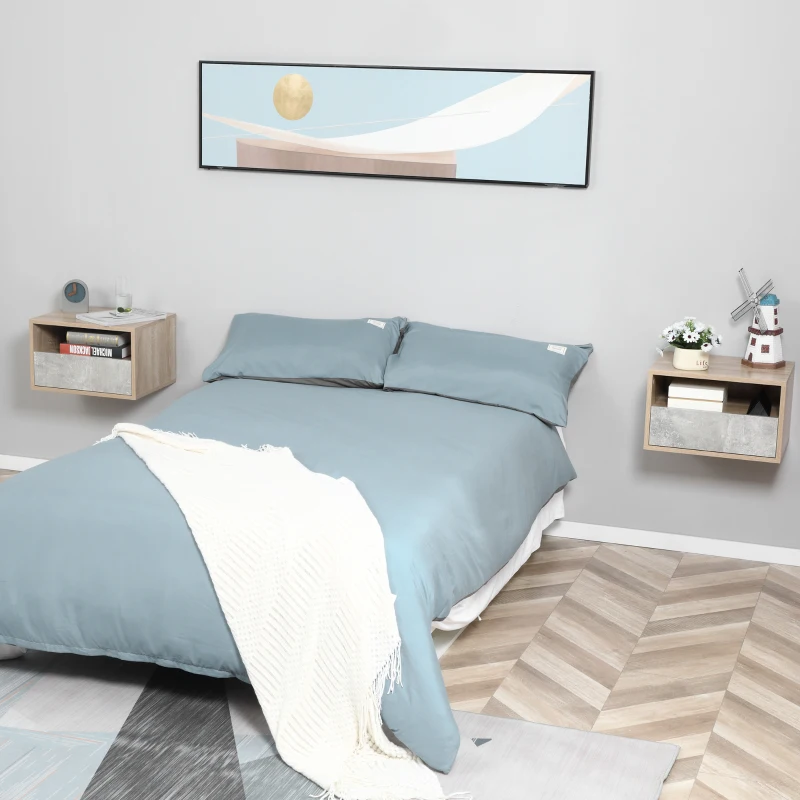 HOMCOM Set 2 Comodini Sospesi con Cassetto e Ripiano 45x35x27.5cm - Grigio e Color Legno