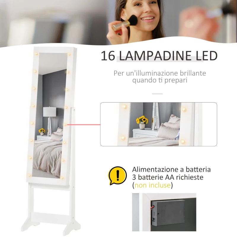 HOMCOM Armadietto Portagioie con Specchio Regolabile e Luci LED Bianco Caldo, 36x30x136 cm