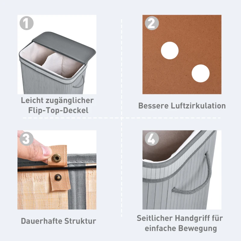 HOMCOM 100 L Wäschekorb aus Bambus, mit Deckel und herausnehmbarem Innenfutter, faltbarer Kleiderkorb, wasserabweisend, Grau