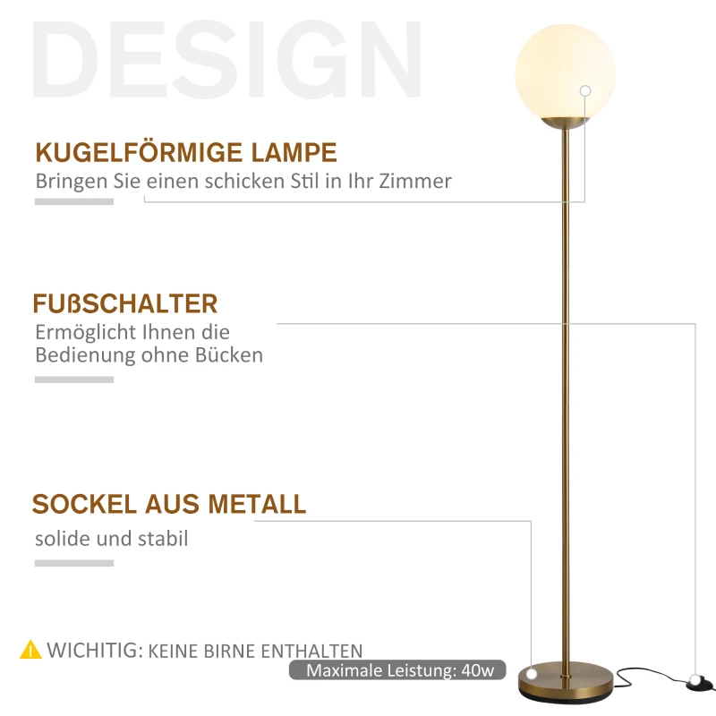 HOMCOM Stehlampe für Wohnzimmer, Standleuchte, Stehlampe, Metall mit Glas, Golden, 25 x 25 x 171 cm