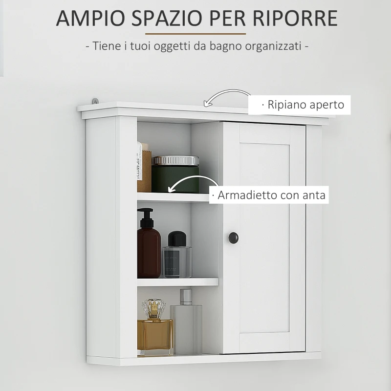 HOMCOM Armadietto 3 Ripiani Anta Design Moderno Salvaspazio da Parete Bagno e Cucina Legno 53x14,5x50.5cm Bianco