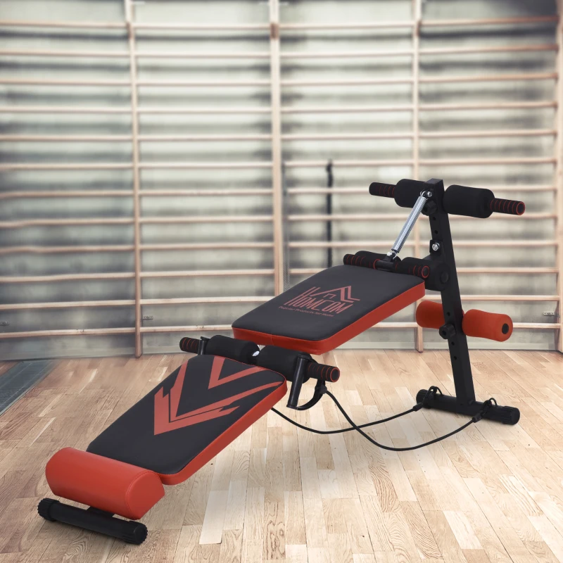 HOMCOM Banc de musculation pliable appareil à abdo hauteur réglable 135L x 48l x 61-68H cm 2 bandes de résistances + ressort central traction acier noir rouge