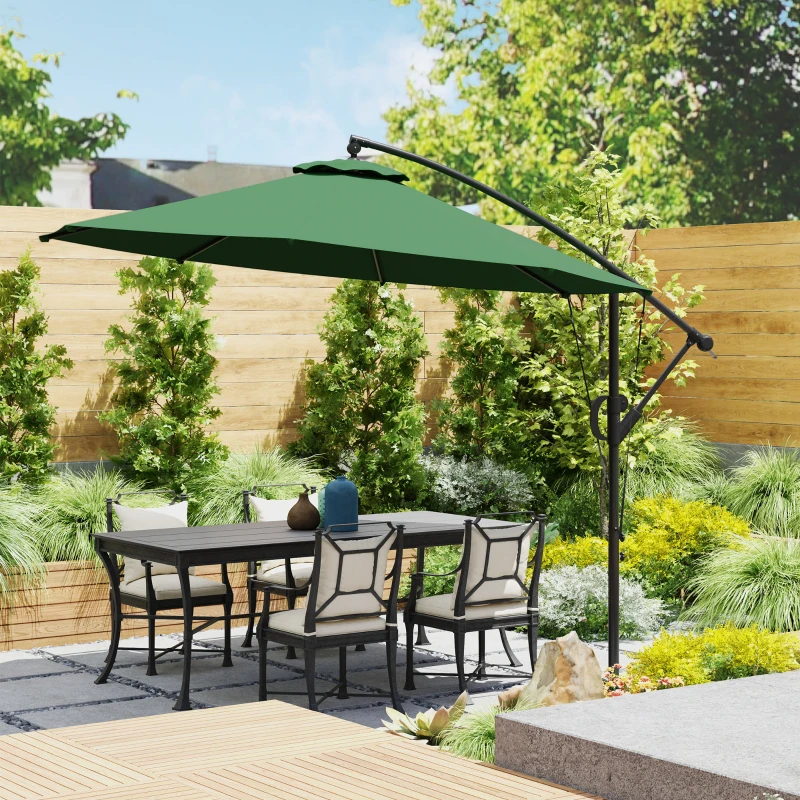 Outsunny 3(m) Garden Cantilever Parasol with Cover and Wind Protection Strap, Round Overhanging Umbrella with Crank Handle and Tilt, Banana Patio Umbrella for Outdoor Sun Shade, UPF50+, Green