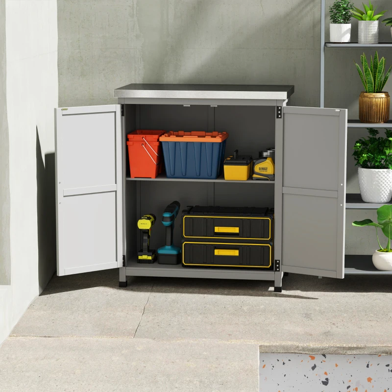 Outsunny Gartenschrank, Außenschrank mit Arbeitsfläche, Werkzeugschrank, Massivholz, Stahl, 79B x 43T x 92H cm, Grau(m-9)