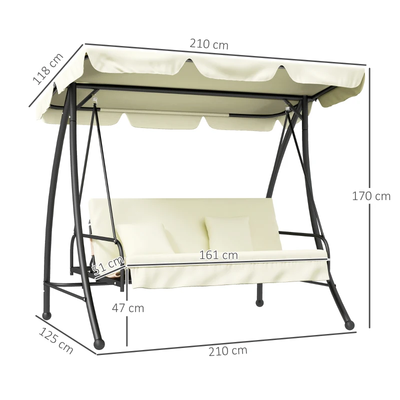 Outsunny Hollywoodschaukel, Schaukelbank mit Liege-Funktion, 3 Sitzer, Metall+Polyester, 200 x 125 x 170 cm, Weiß(m-3)