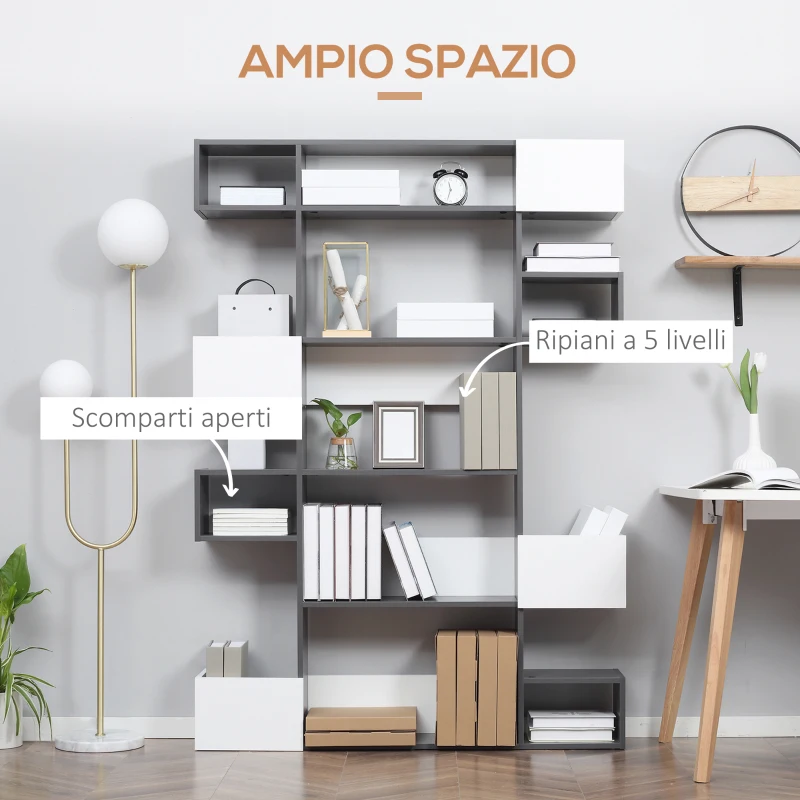 HOMCOM Libreria Moderna a 5 Livelli con 8 Ripiani Aperti in Truciolato, 120x20x171 cm, Grigia e Bianca