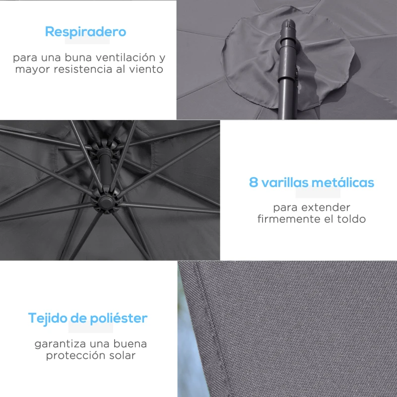 Outsunny Sombrilla de Jardín Ø295x255 cm Parasol Excéntrico Inclinable con Manivela Base Cruzada y Soporte de Metal 8 Varillas para Terraza Exterior Balcón Gris