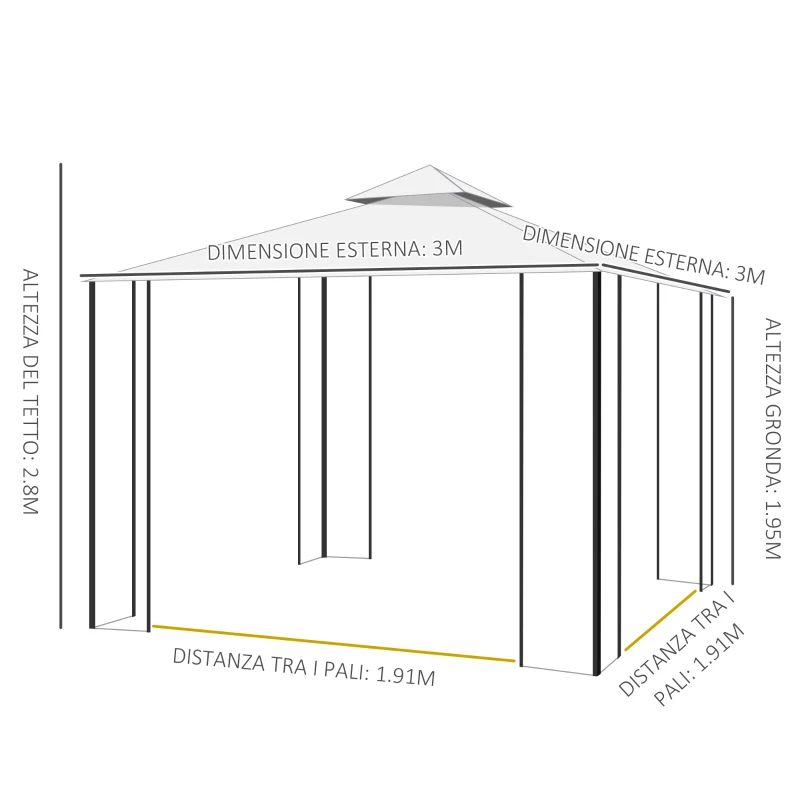 Outsunny Gazebo da Giardino 3x3m con Zanzariera, Telaio in Acciaio e Doppio Tettuccio, Bianco