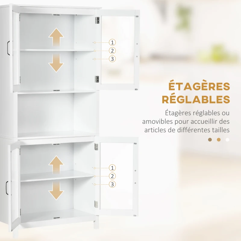 HOMCOM Buffet haut armoire de cuisine 4 portes vitrées et 1 niche centrage hauteur 172 cm avec étagères réglables blanc