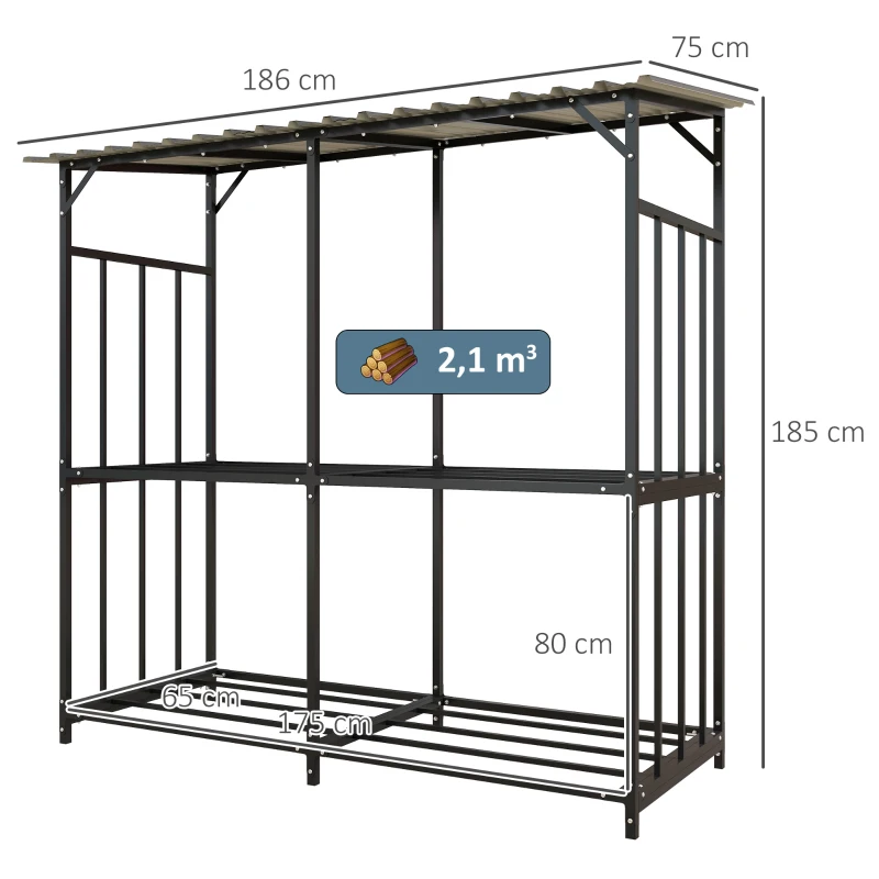 Outsunny Brennholzregal, 2 Etagen, verzinktes Stahl-Dach, Metallrahmen, 186 x 75 x 185 cm, Schwarz