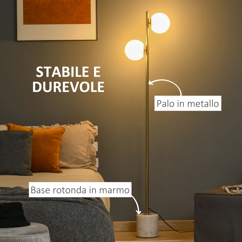 HOMCOM Lampada da Terra con 2 Paralumi a Sfera e Interruttore a Pedale, 35x35x165cm, Oro e Bianco