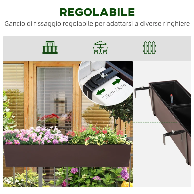 Outsunny Fioriera da Balcone Auto-irrigante con Gancio per Ringhiera Regolabile e Indicatore Acqua