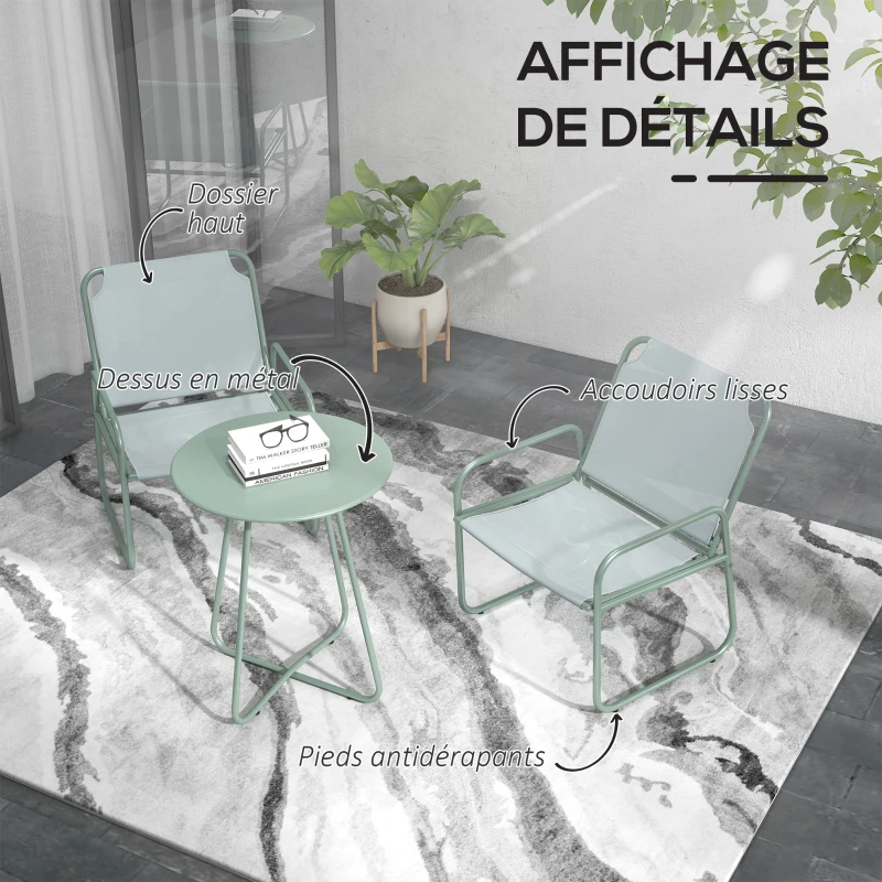 Outsunny Ensemble de jardin 3 pièces, salon de jardin, 2 fauteuils 1 table ronde, acier et tissu mesh, vert