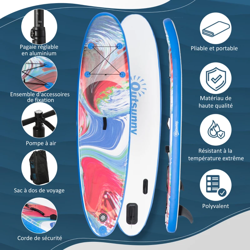 Outsunny Planche de stand up paddle gonflable, pagaie en aluminium réglable, planche antidérapante avec accessoires et sac de transport, dim. 320L x 76l x 15H cm, bleu et blanc