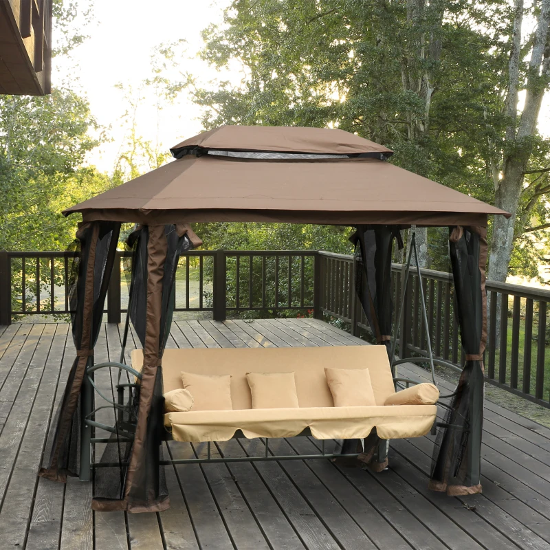 Outsunny Dondolo 3 Posti da Giardino Convertibile in Lettino con Gazebo, con Zanzariera e Cuscini, 257x175x240cm Cachi