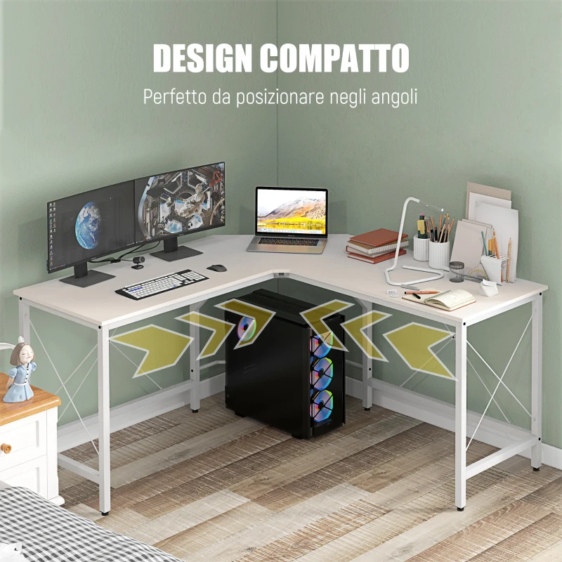HOMCOM Scrivania Angolare a L con Piedini Regolabili, in Legno e Acciaio, 150x150x76 cm, Bianca