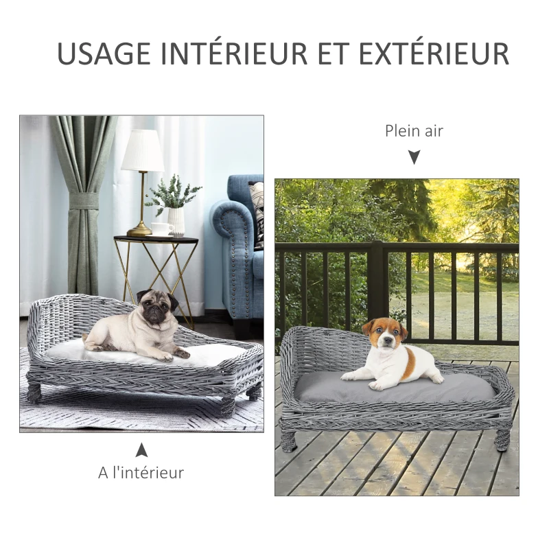 PawHut Canapé chiens chats sur pieds lit canapé méridienne animal style cosy chic coussin moelleux déhoussable intégré revêtement peluche osier dim. 69 x 42 x 33 cm gris