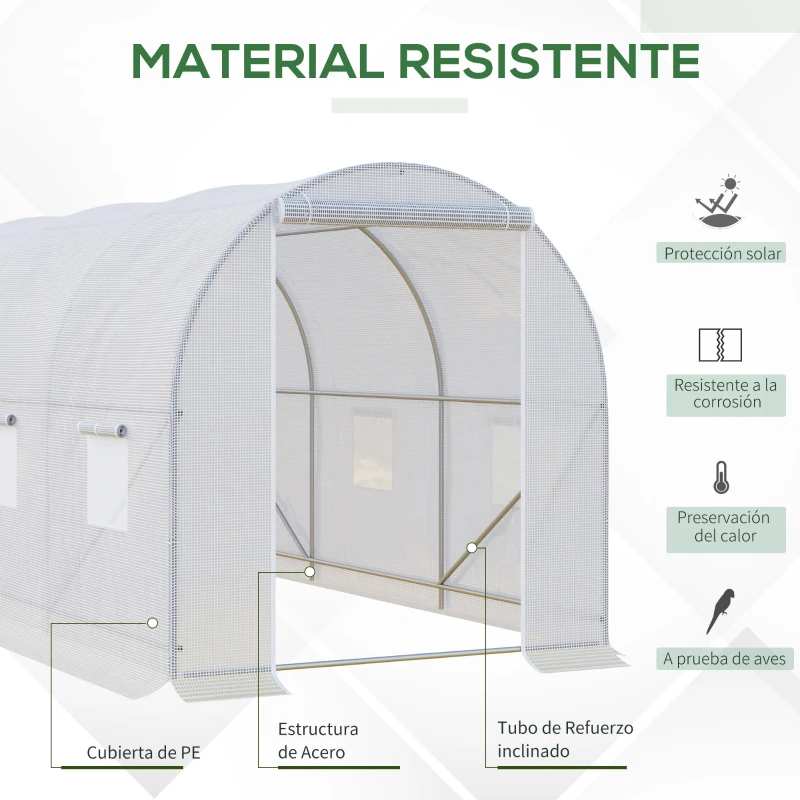 Outsunny Invernadero de Túnel 3,5x2x2 m con 6 Ventanas de Malla y Puerta Enrollable con Cremallera Anti-UV Blanco