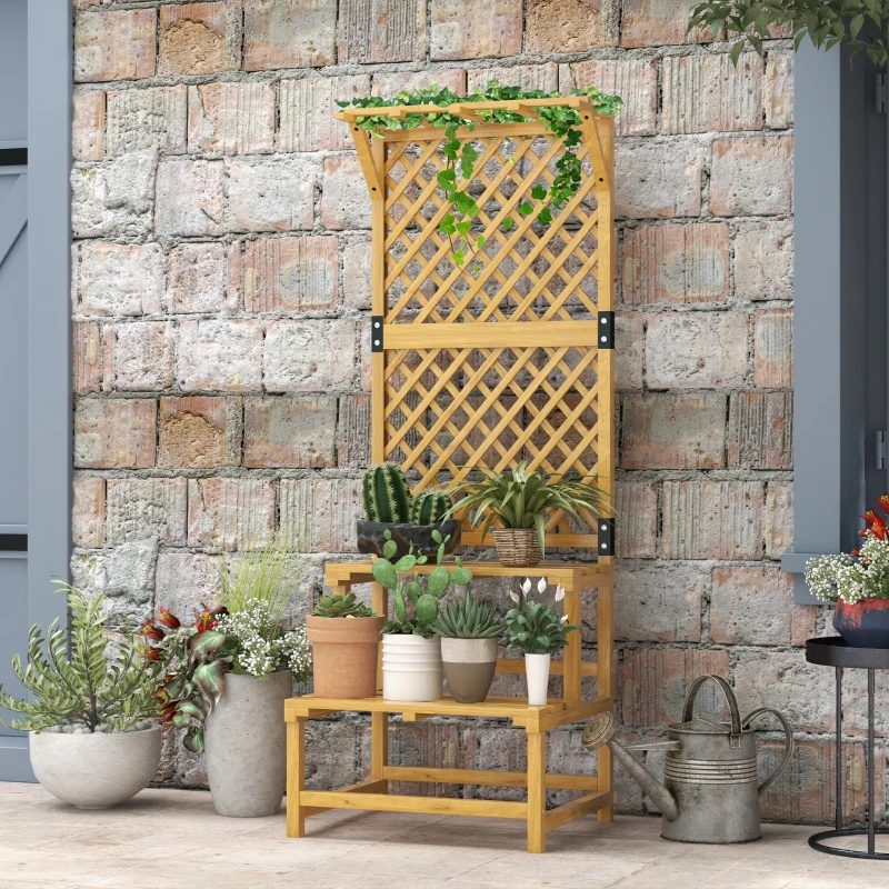 Outsunny Pflanzenständer, Blumenregal, 2 Etagen, mit Spalier & Dach, Tannenholz, 60x50x166cm, Gelb(m-2)