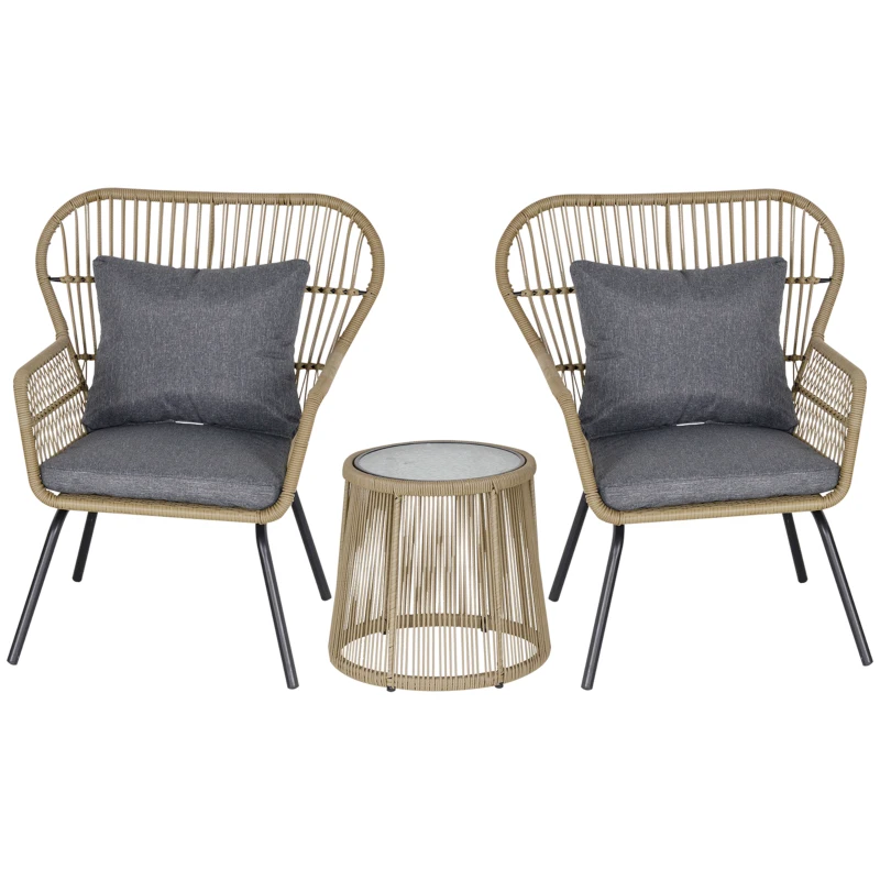 Outsunny 3 Pieces Rattan Bistro Set, Wicker Garden Furniture Set with Cushions, Glass Top Coffee Table and Chairs for Outdoor, Patio, Balcony, Brown