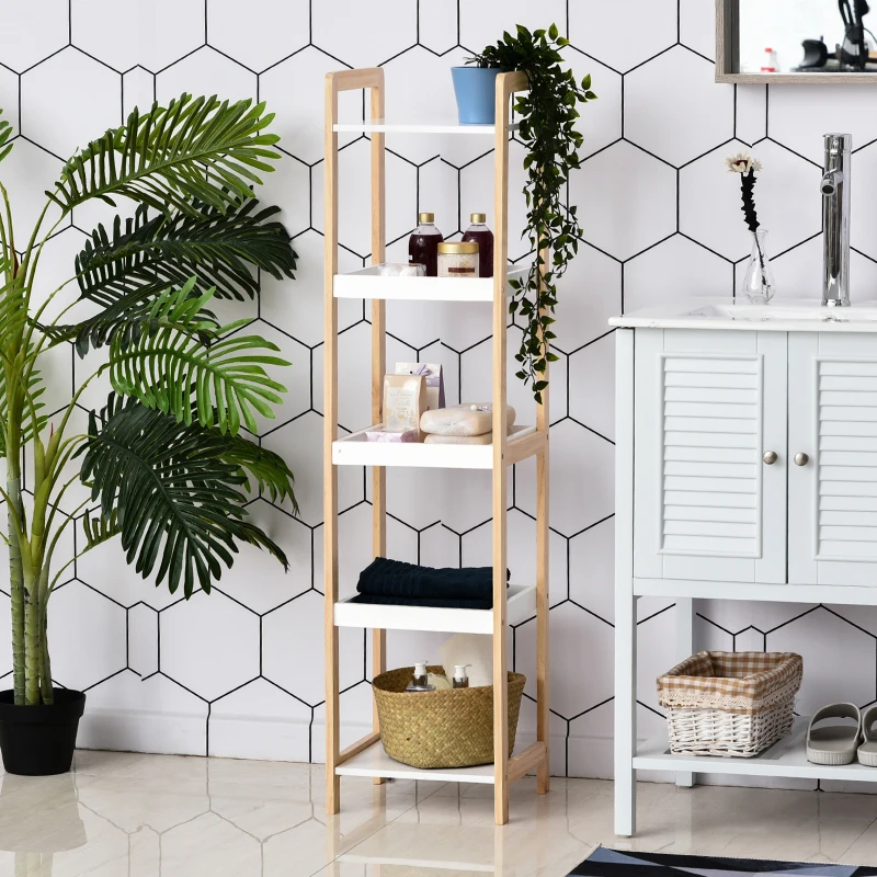 HOMCOM Etagère en Bambou de Salle de Bain étagère Debout 3 paniers + 2 étagères dim. 32L x 30l x 130H cm Beige Blanc