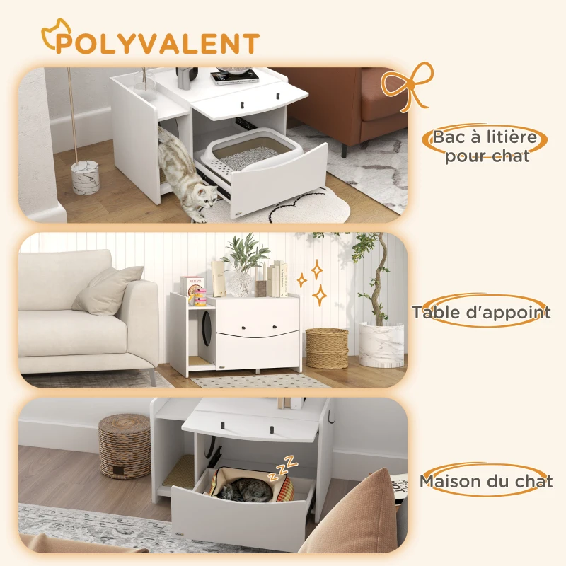 PawHut Meuble 2 en 1 maison de toilette bac à litière chat compartiment coulissant 78 x 50 x 51cm blanc