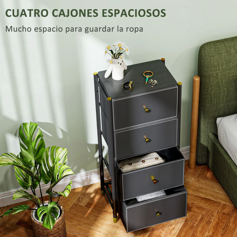 HOMCOM Cajonera de Tela con 4 Cajones Plegables con Frentes de PU y Marco de Acero Cajonera para Dormitorio Salón Negro