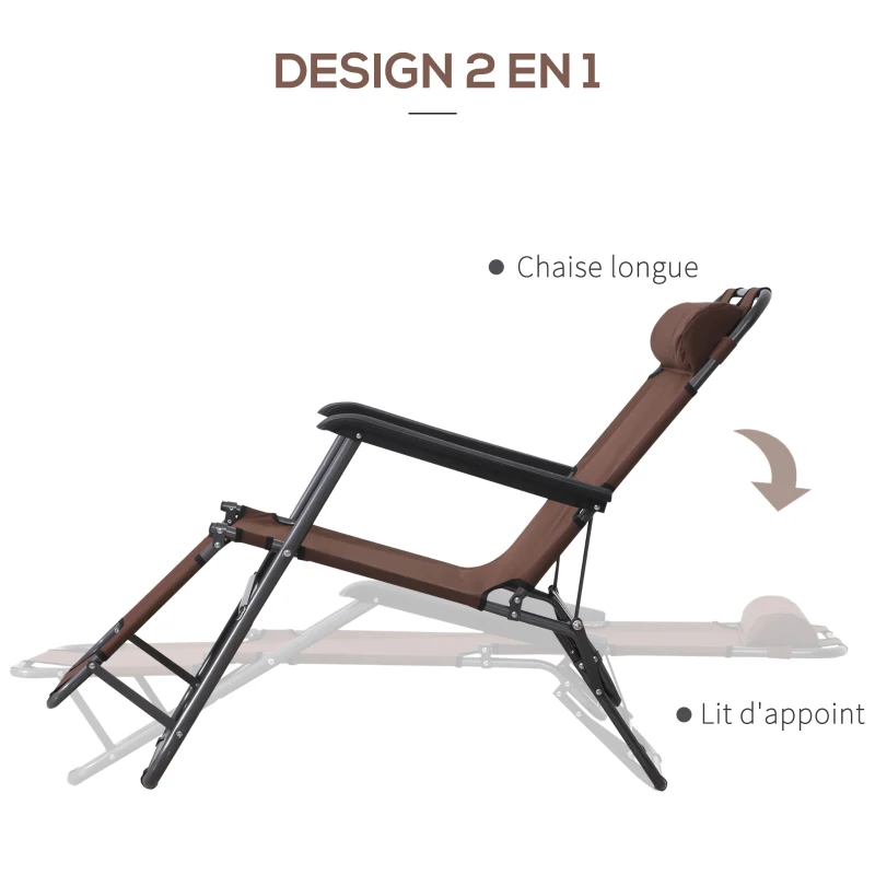 Outsunny Chaise Longue inclinable transat Bain de Soleil fauteuil relax jardin 2 en 1 Pliant têtière Amovible Charge Max. 136 Kg Toile Oxford Facile d'entretien Marron