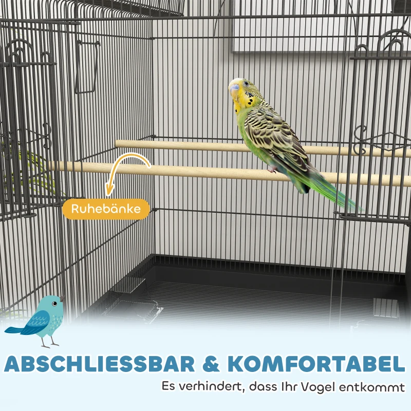 PawHut Vogelkäfig für Kanarienvögel & Wellensittiche, mobil, mit Bodenfach, Metallgitter, Schwarz