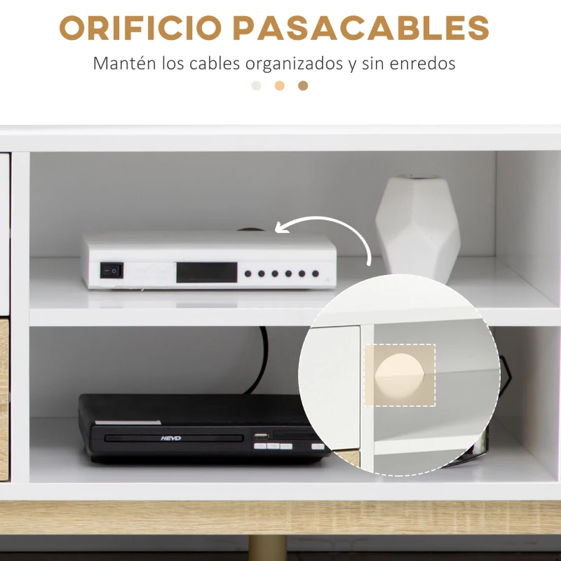 HOMCOM Mueble TV de Salón Mesa para Televisores de hasta 55" con Estantes y 4 Cajones 120x40x44,5 cm Blanco y Roble