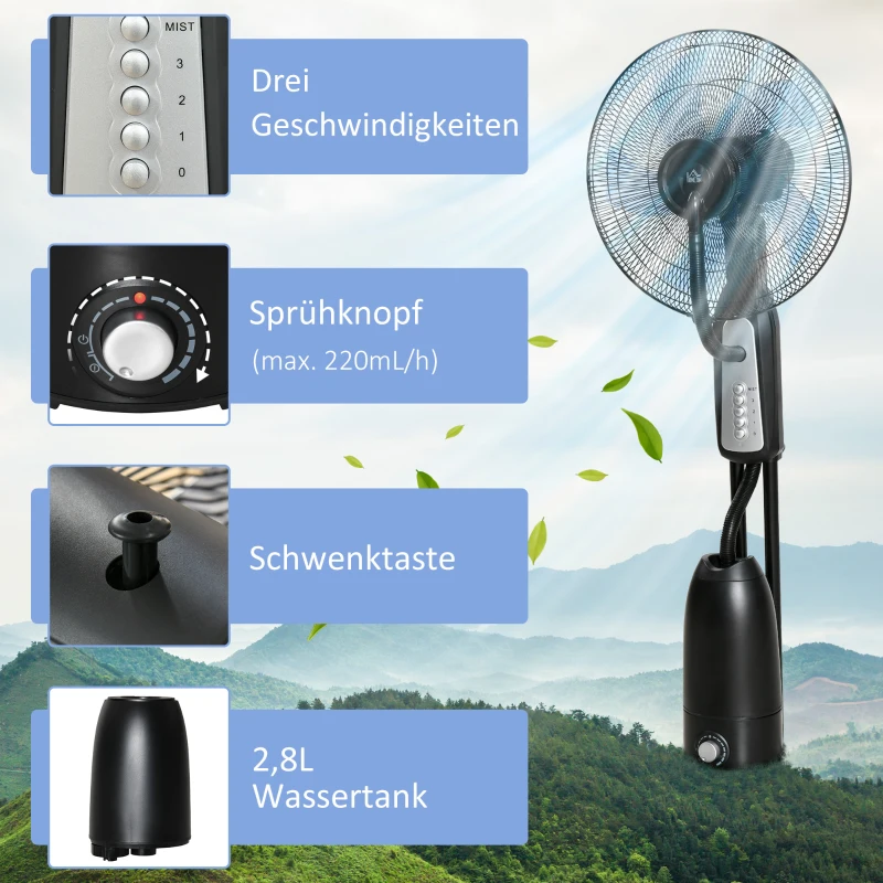 HOMCOM Ventilator mit Wasserkühlung, Standventilator mit Verstellbar Sprühnebel, 3 Geschwindigkeiten, 2,8 L Wassertank, 70° oszillierend, 90 W Wasserventilator mit Rollen, 120 cm